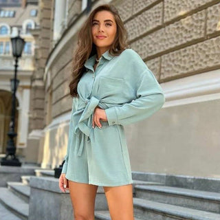 European And American Suit Women's Fashion Casual Linen Fabric Loose Shirt Lace-up Summer Shorts Two-piece Set - Phosgene