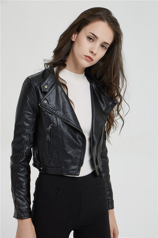 Fashion Women's Short Jacket With Washed Leather And Rivets - Phosgene