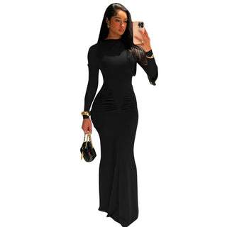 Long Sleeve Pleated High Waist Slim Fit Dress - Phosgene