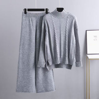 High-end Mock Neck Sweater Wide-leg Pants Suit Women - Phosgene