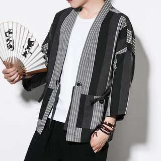 Chinese Style Summer Men's Striped Cotton Linen Vintage Cardigan Phosgene