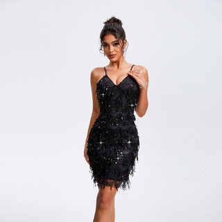 V-neck Sequins Tassel Sleeveless Sling Party Hot Drilling Dress - Phosgene