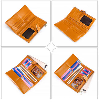 Women's Real Leather Long Multiple Card Slots Hand-held Retro Oil Wax Skin Coin Purse - Phosgene