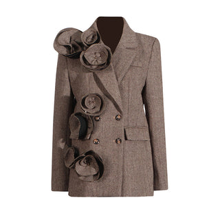 Temperament Commute Style Handmade Three-dimensional Flower Decoration Stitching Double-breasted Women's Suit Jacket - Phosgene