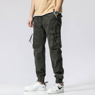 Casual Pants Trendy Brand Elastic Waist Men's Youth Simple Pure Cotton Multi-pocket Work Pants Trousers Ankle-tied - Phosgene