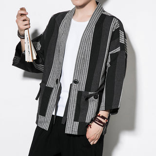 Chinese Style Summer Men's Striped Cotton Linen Vintage Cardigan Phosgene