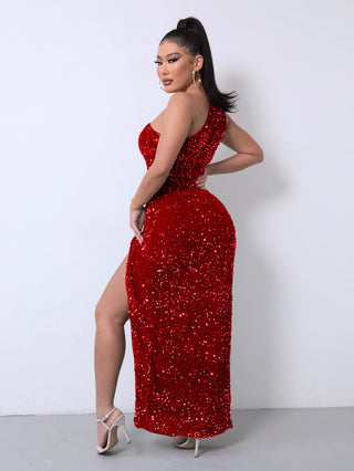 Foreign Trade Sleeveless One Shoulder Slash Neck Sequins Gorgeous Slit Women's Dress - Phosgene