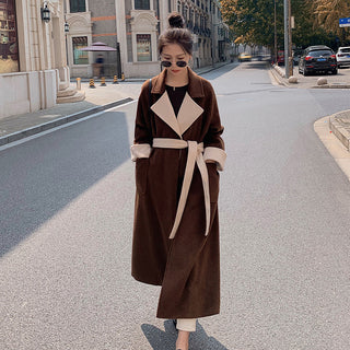 Women's Long Knee Length Loose Contrasting Woolen Coat - Phosgene