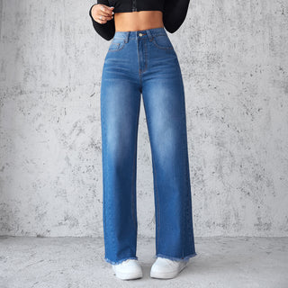 Fashion Straight Wide Leg Jeans Casual High Waist Non Elastic Women's Phosgene