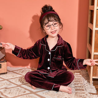 Children's Gold Velvet Solid Color Pajamas Set - Phosgene