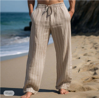 Men's Linen Drawstring Elastic Waist Straight Striped Comfortable Breathable Casual Pants Phosgene