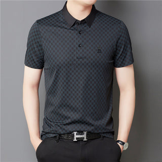 Men's Lapel Plaid Printed Seamless High Elasticity Ice Silk Short Sleeve Phosgene