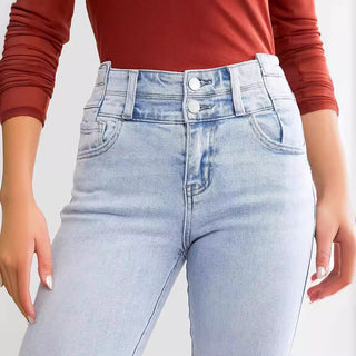 Women's High Waist Button Row Elastic Denim Pants Phosgene