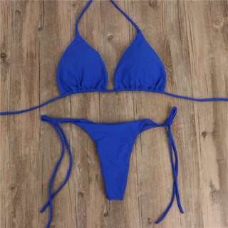 2pcs Halterneck Lace-up Bikini Women Summer Solid Color Sexy Split Strap Adjustable Swimsuit Suit - Phosgene