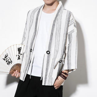 Chinese Style Summer Men's Striped Cotton Linen Vintage Cardigan Phosgene