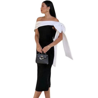 Women's Off-shoulder Bow Black And White Color Matching Elegant Cocktail Dress - Phosgene