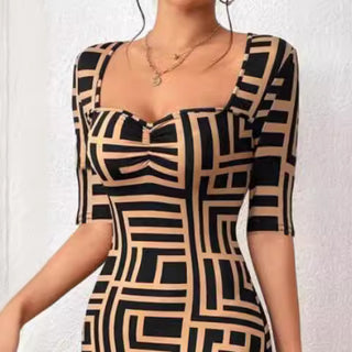 New Fashion Printed Square Collar Waist-tight Mid-sleeve Dress - Phosgene