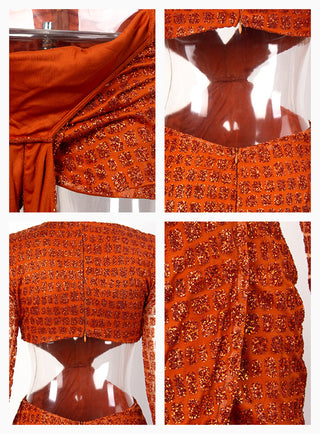 Long Sleeve Mini Skirt Orange Deep V-neck Hot Piece Party Dress - Phosgene