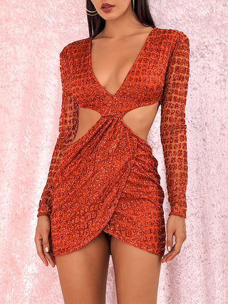 Long Sleeve Mini Skirt Orange Deep V-neck Hot Piece Party Dress - Phosgene