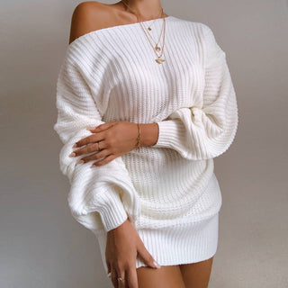 OrangeA Women Off Shoulder Knitted Sweater Dress Autumn  Winter Loose Long Sleeve Solid Ladies Tunic Elegant Streetwear Dresses - Phosgene