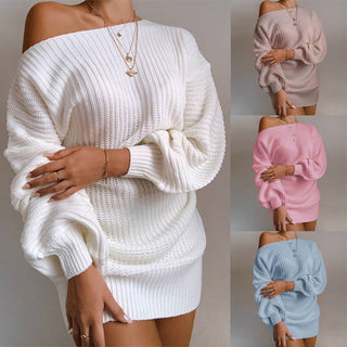 OrangeA Women Off Shoulder Knitted Sweater Dress Autumn  Winter Loose Long Sleeve Solid Ladies Tunic Elegant Streetwear Dresses - Phosgene