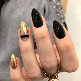 Black Gold Glitter Pointed Wear Nail Art Finished Fake Nails - Phosgene