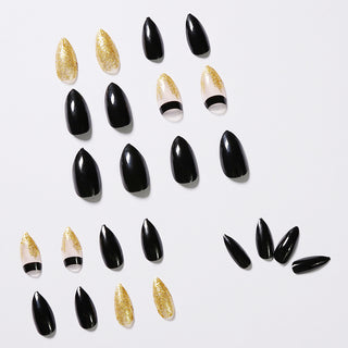 Black Gold Glitter Pointed Wear Nail Art Finished Fake Nails - Phosgene