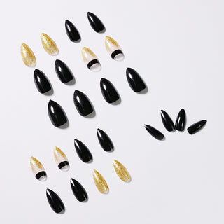 Black Gold Glitter Pointed Wear Nail Art Finished Fake Nails - Phosgene