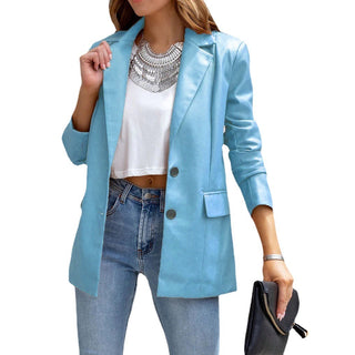 Long Sleeve Button Pu Cardigan Coat For Women - Phosgene