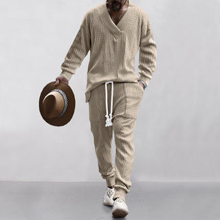 Men's Casual Trousers V-neck All-matching Jacquard Sweater Set Phosgene