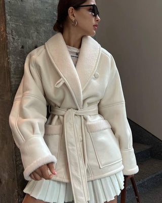 Leather And Fur Korean Style Long Sleeve Splicing Coat Women - Phosgene