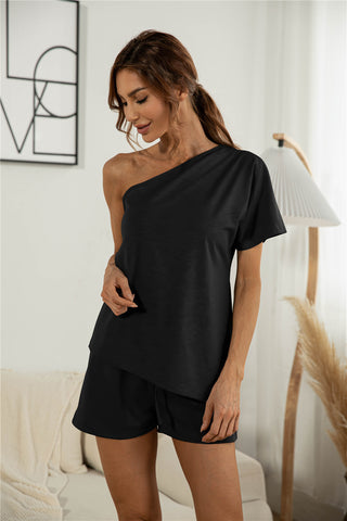 Off-the-shoulder Short Sleeve Sloping-shoulder Off The-shoulder Casual Two-piece Suit - Phosgene