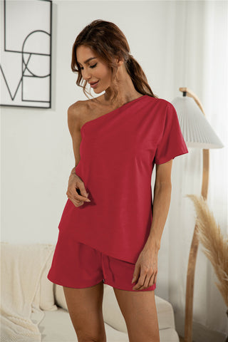 Off-the-shoulder Short Sleeve Sloping-shoulder Off The-shoulder Casual Two-piece Suit - Phosgene