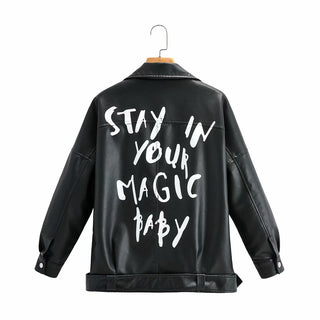 Female Alphabet Zipper Casual Fashion Leather Jacket - Phosgene