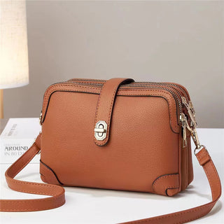 Multi-layer Lychee Pattern Simple Texture Soft Leather Western Style Multi-functional Shoulder Crossbody Small Square Bag - Phosgene