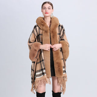 Loose Plaid Plus Cashmere Fur Collar Knitted Inverness - Phosgene