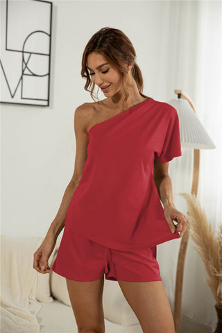 Off-the-shoulder Short Sleeve Sloping-shoulder Off The-shoulder Casual Two-piece Suit - Phosgene