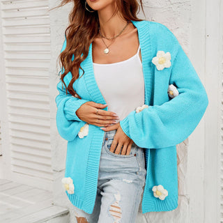 Women's Fashion Casual Flower Cardigan Lantern Sleeve Sweater Coat - Phosgene