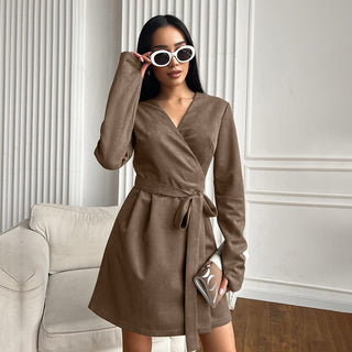 French Style Young Suede V-neck Stomach Blanket Dress - Phosgene