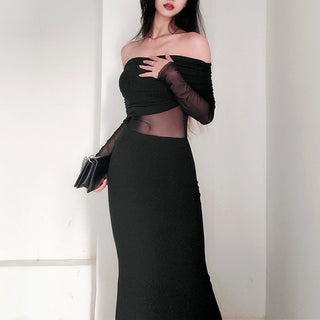 Women's Winter Sexy Off-the-shoulder Pleated Long Sleeve Polyester Dress - Phosgene