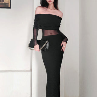 Women's Winter Sexy Off-the-shoulder Pleated Long Sleeve Polyester Dress - Phosgene