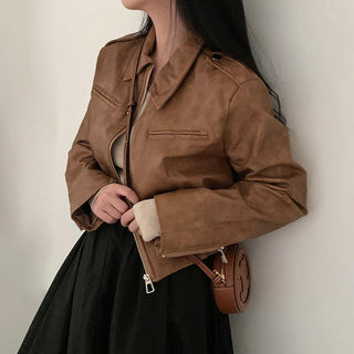 Women's Retro Hong Kong Style Lapel Long-sleeved Leather Jacket - Phosgene