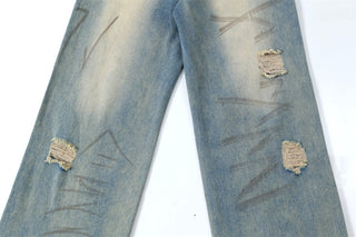 Graffiti Distressed Dirty Ripped Denim Trousers Phosgene