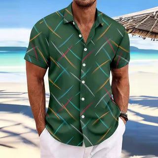 Summer New Men's Striped Feather Casual Beach Short Sleeve Button Shirt Phosgene