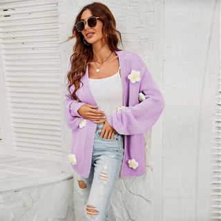 Women's Fashion Casual Flower Cardigan Lantern Sleeve Sweater Coat - Phosgene