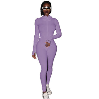 Women's Zipper Stretch Turtleneck And Embroidered Slim Fit Fitness Jumpsuit Yoga Suit - Phosgene