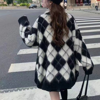 Plaid Knitted Cardigan Coat For Women - Phosgene