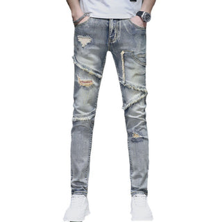 Distressed Raw Hem Ripped Stitching Stretch Denim Trousers Phosgene