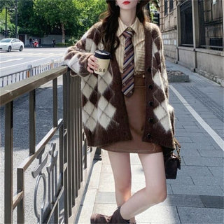 Plaid Knitted Cardigan Coat For Women - Phosgene