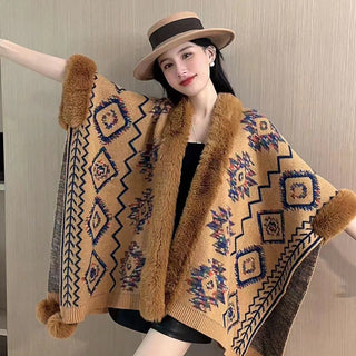 Ethnic Style Fur Ball Shawl Cape Cloak - Phosgene